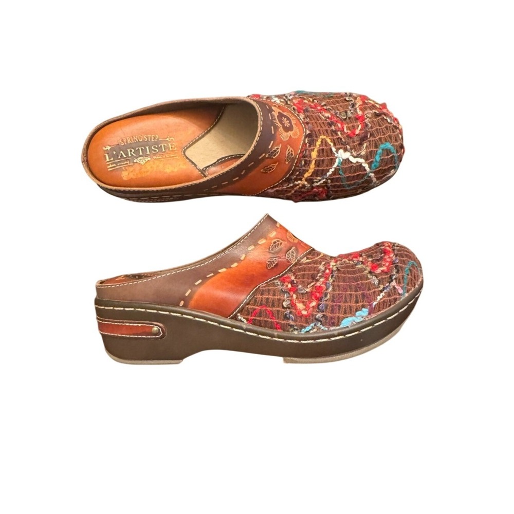 Lartiste Spring Step Womens Enigma Clog Sz 37 Leather Crochet Artsy Art To Wear